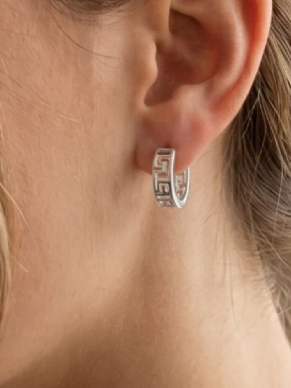 Sterling Silver 925 Rhodium Plated Greek Key Cutout Hoop Earrings